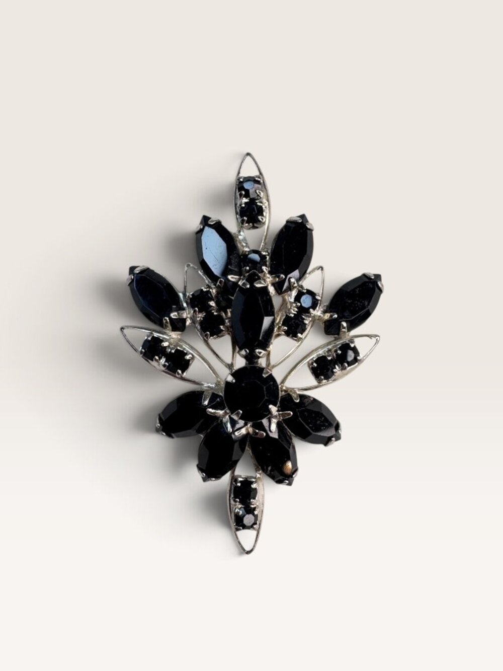 Vintage 1950s Black Marquise Rhinestone Spray Floral Brooch Pin
